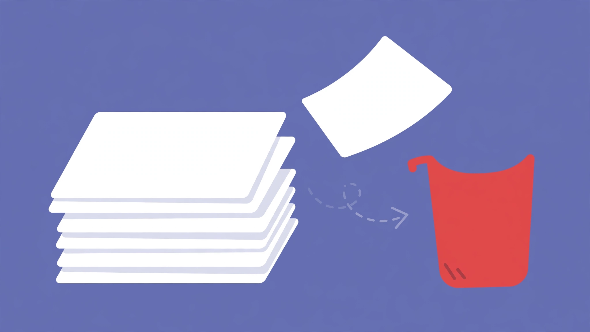 Illustration of a PDF document with blank white pages being pulled toward a red bin, showing blank-page removal