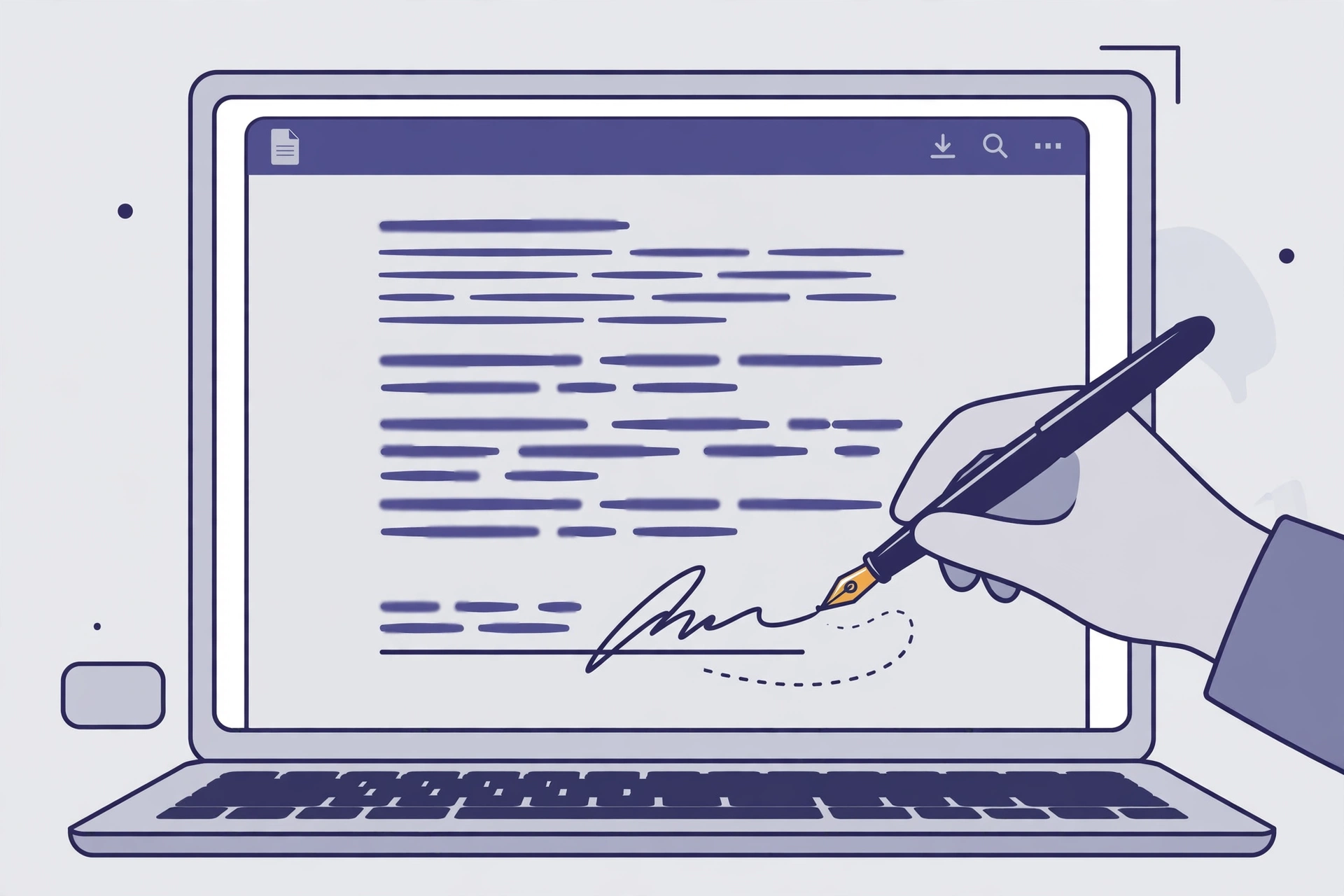 Illustration of a PDF document on a laptop screen with a handwritten signature being drawn on a signature line