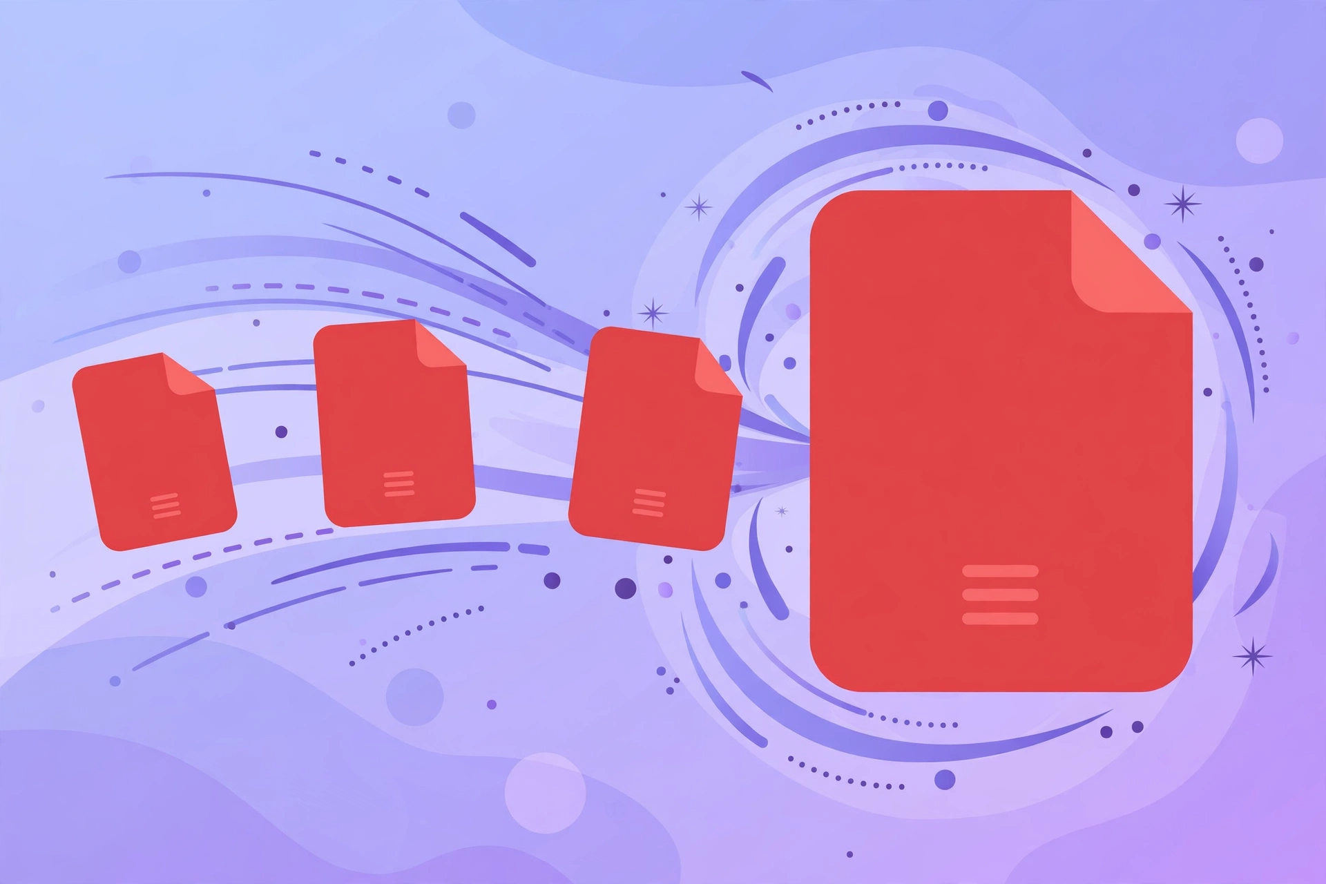 Illustration of three PDF document icons merging into a single combined document