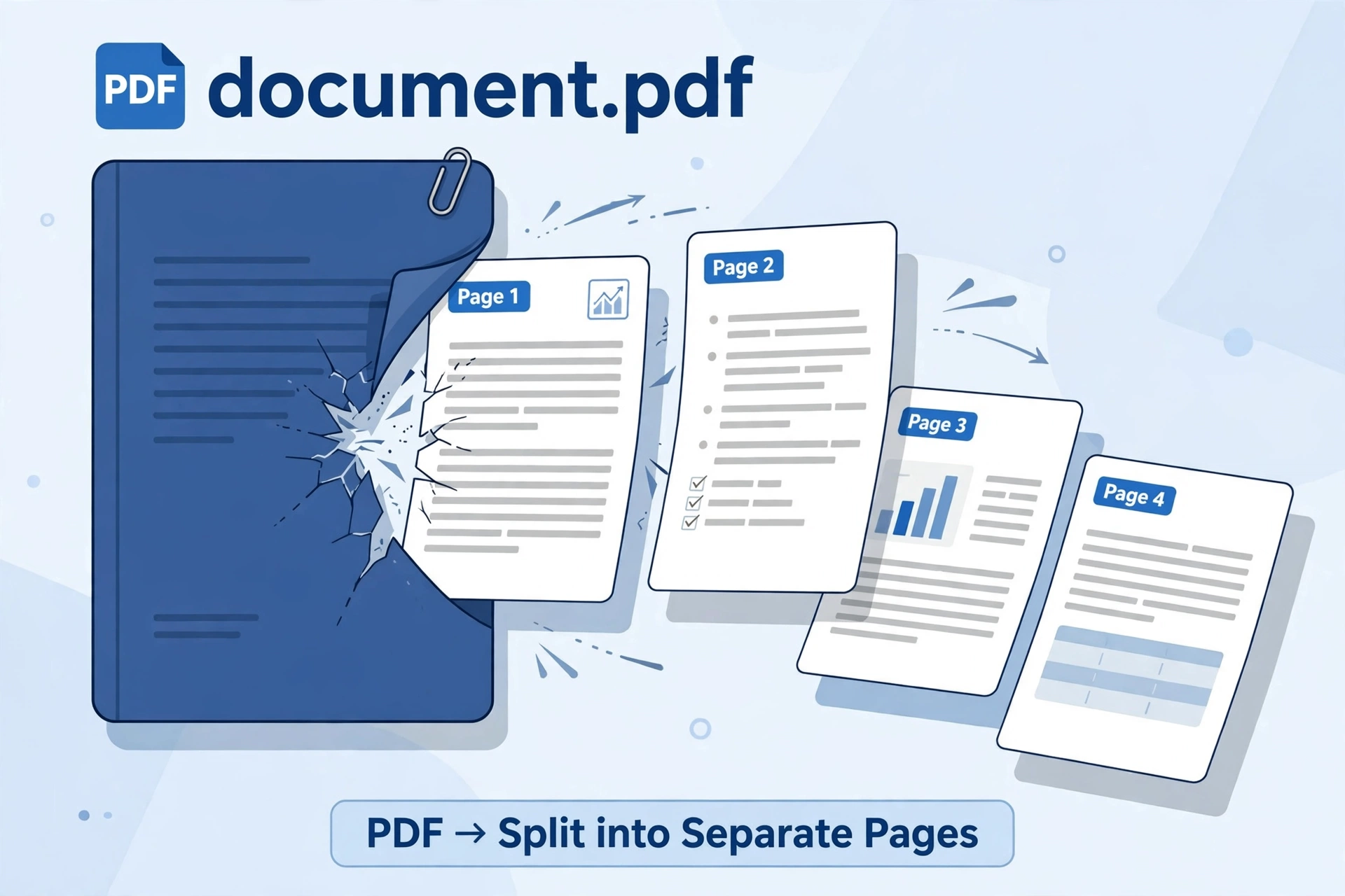 Illustration of a PDF document splitting into four separate pages