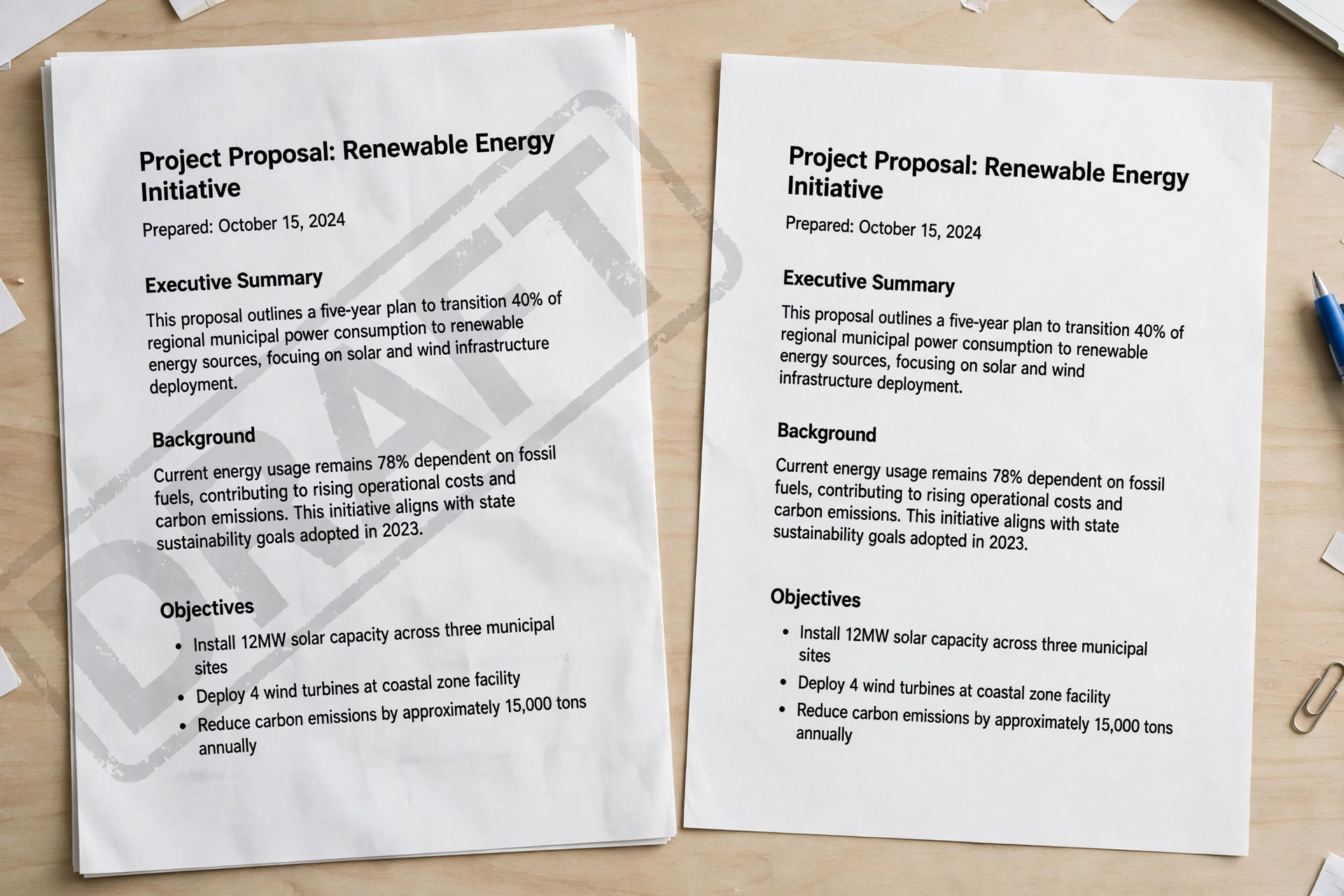 A PDF document page with a large semi-transparent diagonal DRAFT watermark stamped across it, next to a clean copy